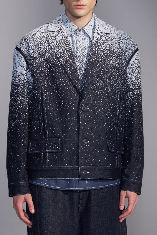 Snowflake-Embroidered Denim Blazer