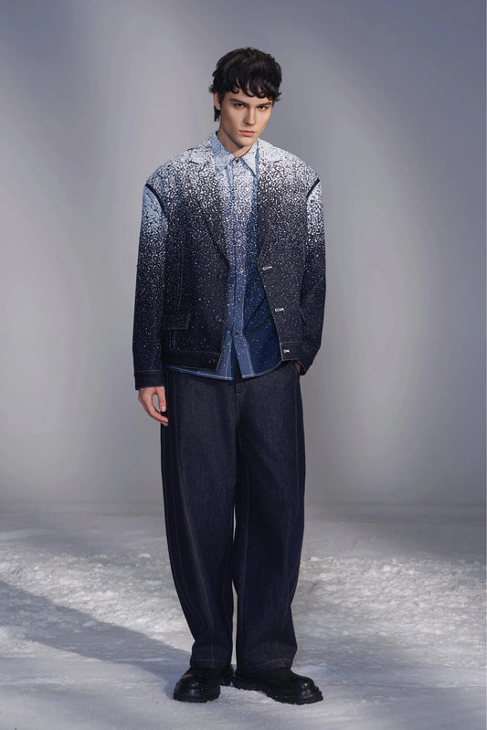 Snowflake-Embroidered Denim Blazer