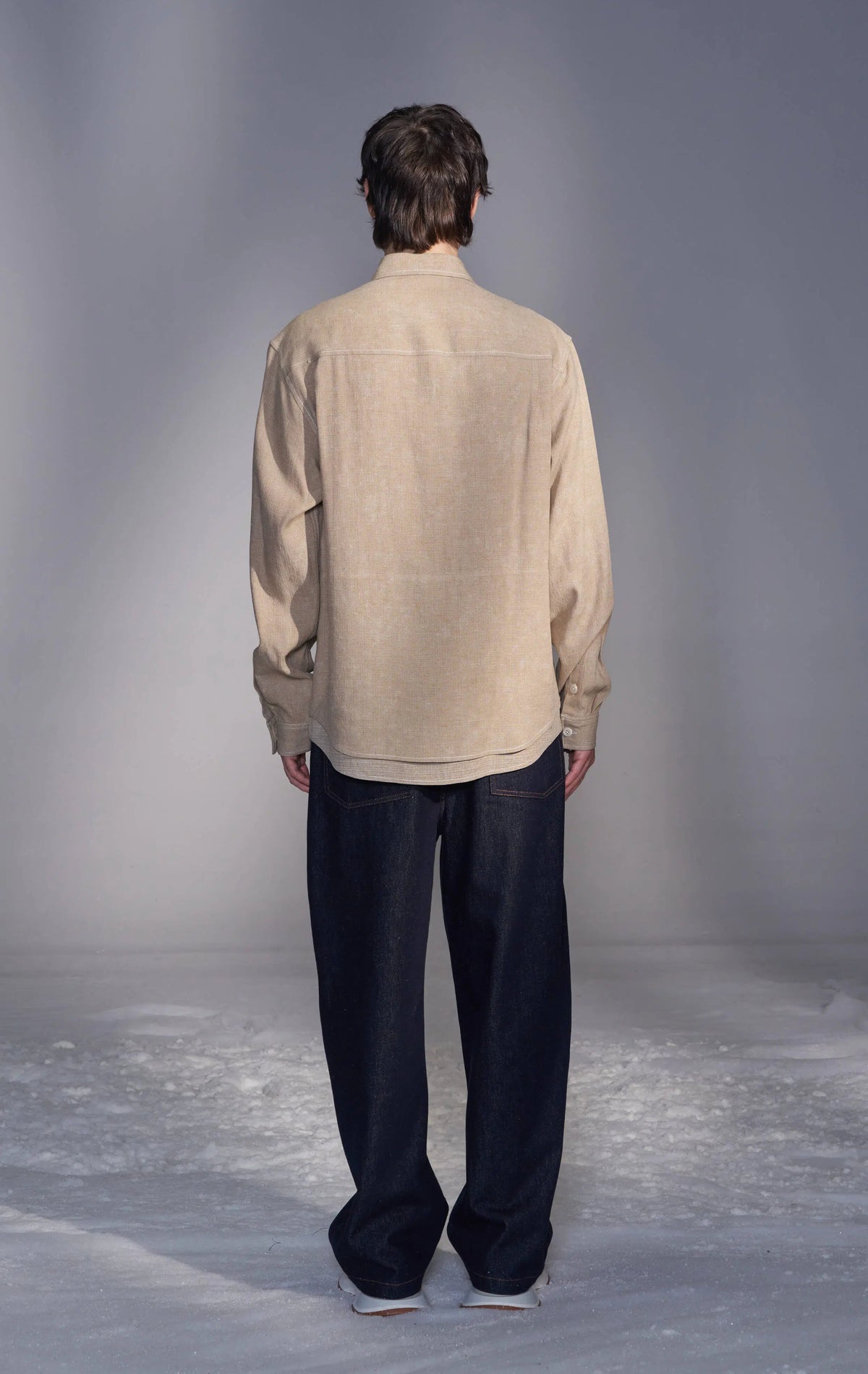 Washed-Dyed Denim Shirt with Layered Hem