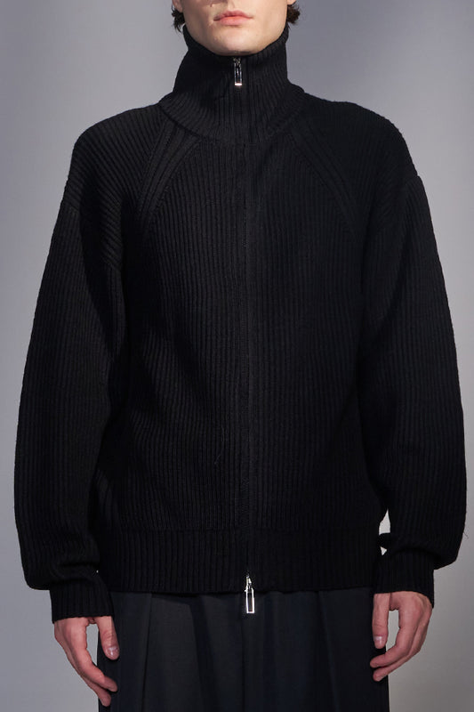 Zip-Up Wool Stand-Collar Cardigan