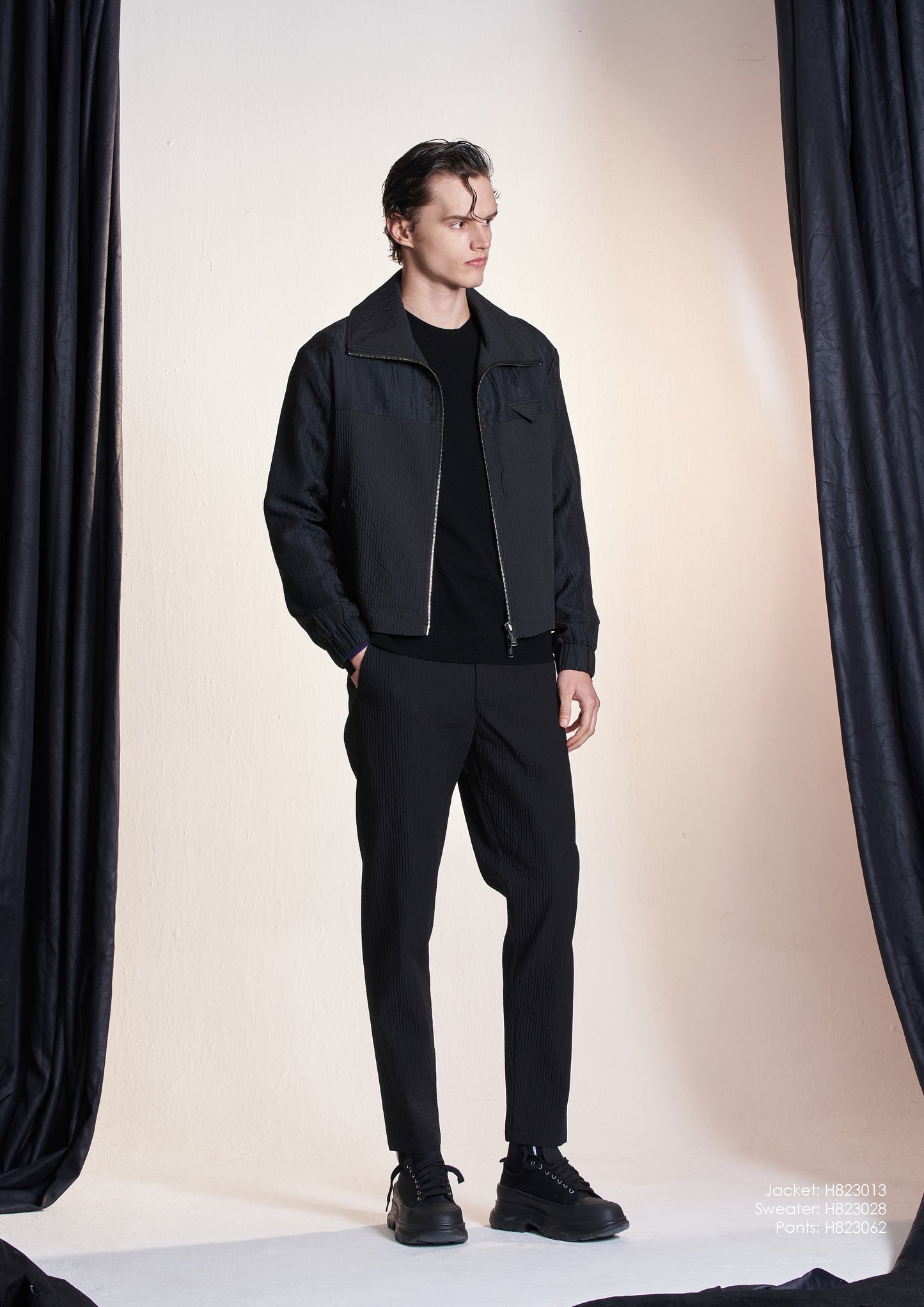 Textured Zipper Jacket With Stand Collar