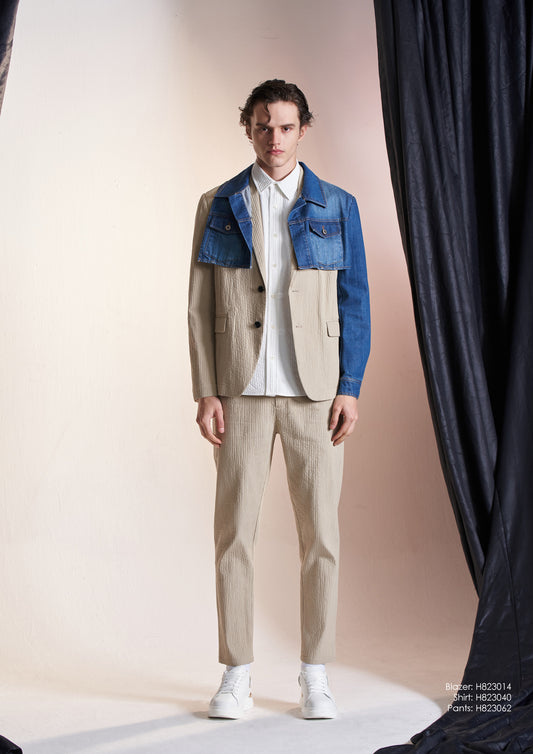 クロップド丈デニムジャケット付きデコンストラクトブレザー