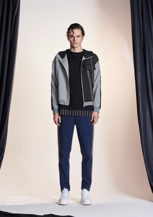 切りっぱなしデニムとコントラストをなすニットジャケット