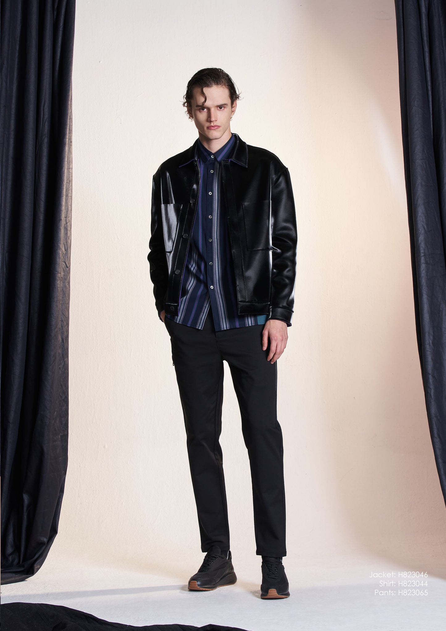 Shiny PU Raw Edge Jacket With Purple Facing