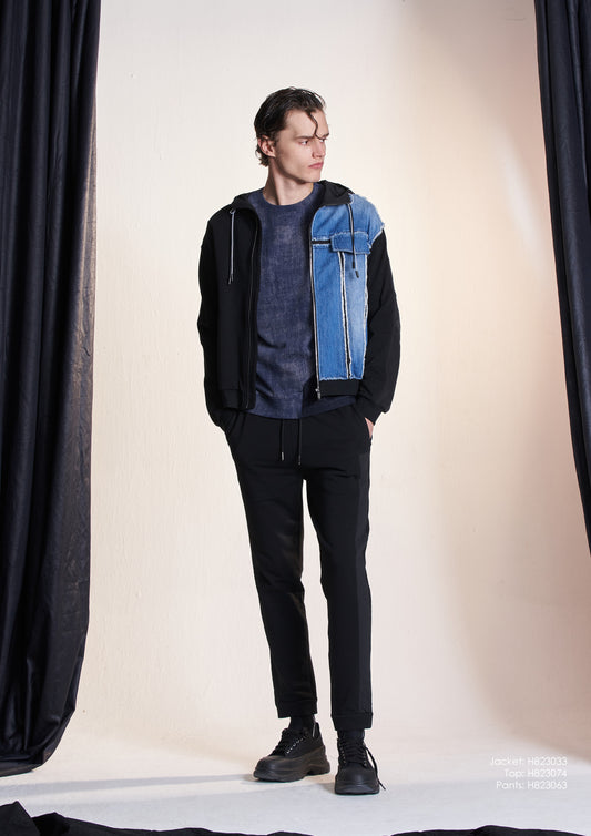 切りっぱなしデニムとコントラストをなすニットジャケット