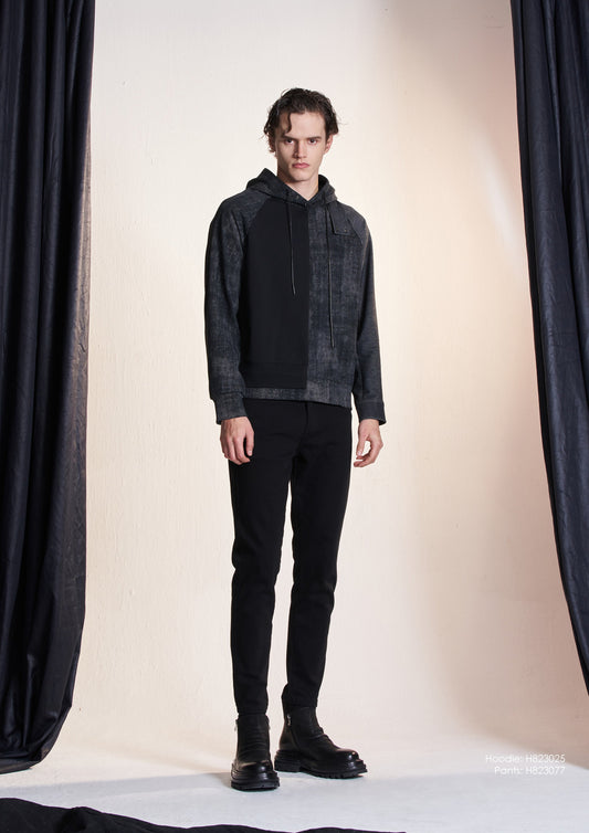 生地コントラストデニムスリーブ付きパーカー