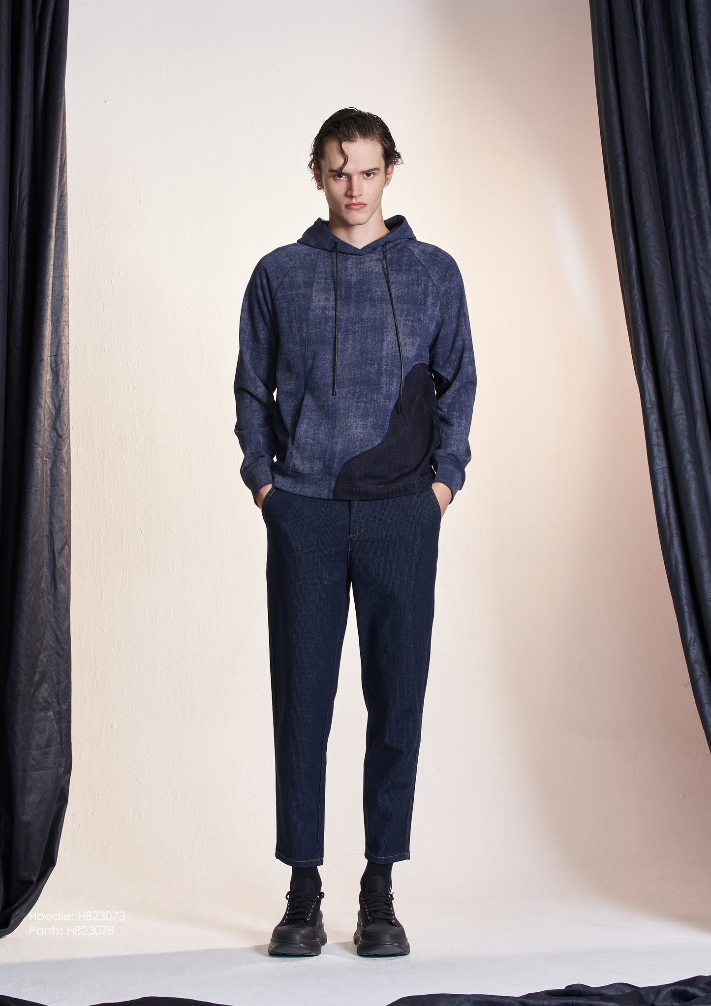 Batik Knit Hoodie With Denim Contrast