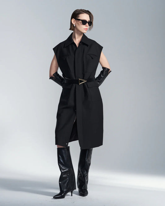 Wide Shoulder Sleeveless Shirt Dress