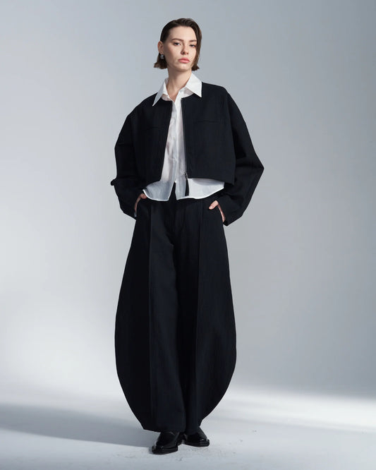 Crepe Cotton Cropped Round Neck Jacket