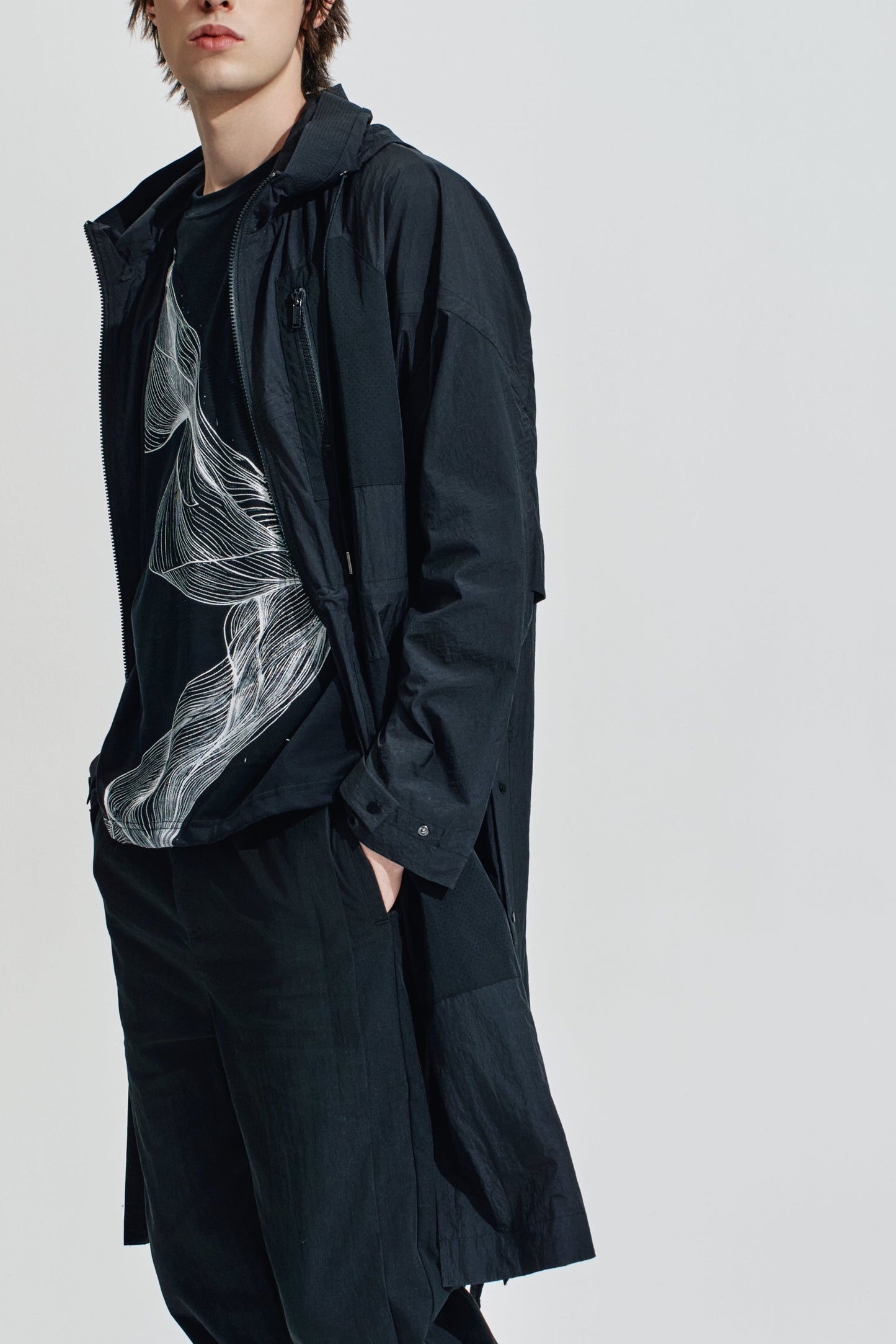 Fabric Contrast Nylon Long Coat With Hood