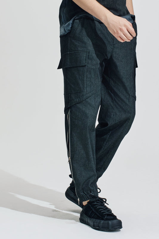 Fake Denim Cargo Pants With Zipper Hem