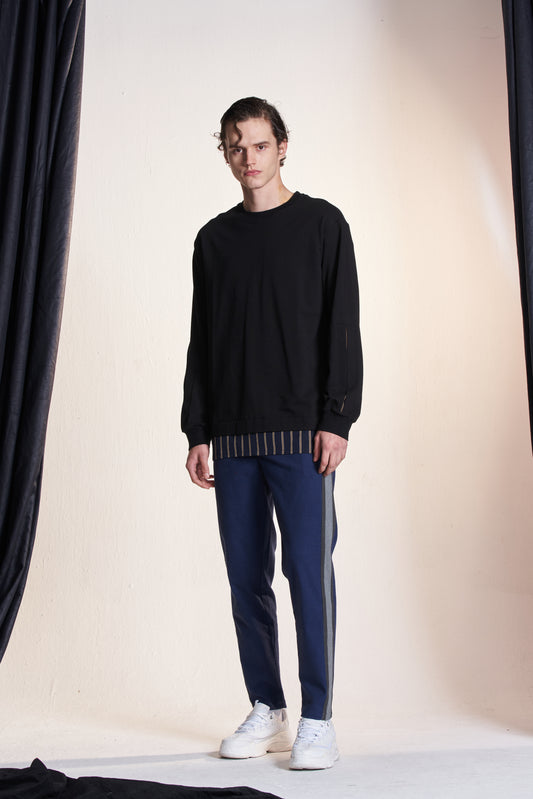 Long Sleeve Tee With Stripe Woven Hem