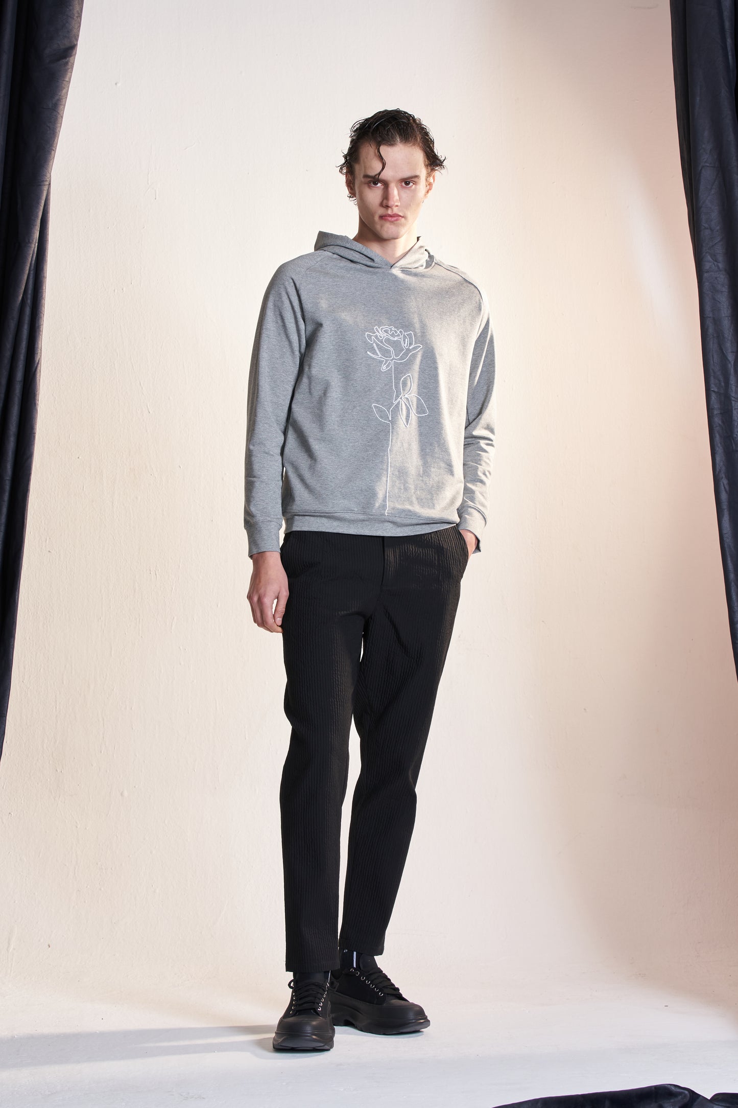 Hoodie With String Flower Embroidery