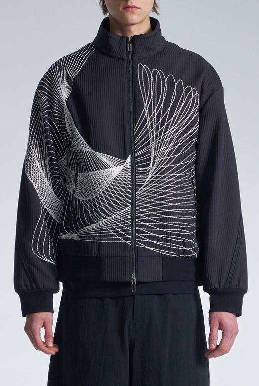 Stand Collar Jackert With Twisted Wavy Lines Embroidery