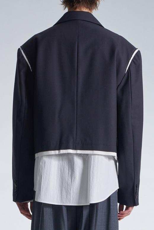 Wide Shoulder Cropped Blazer With Raw Edge Trim
