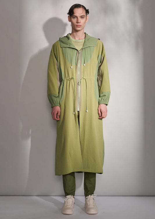 フード付きファブリックブロッキングロングコート