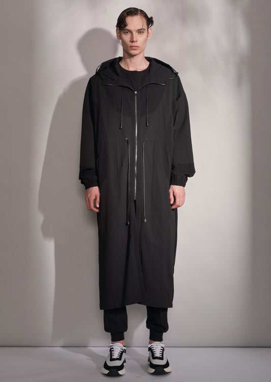 フード付きファブリックブロッキングロングコート