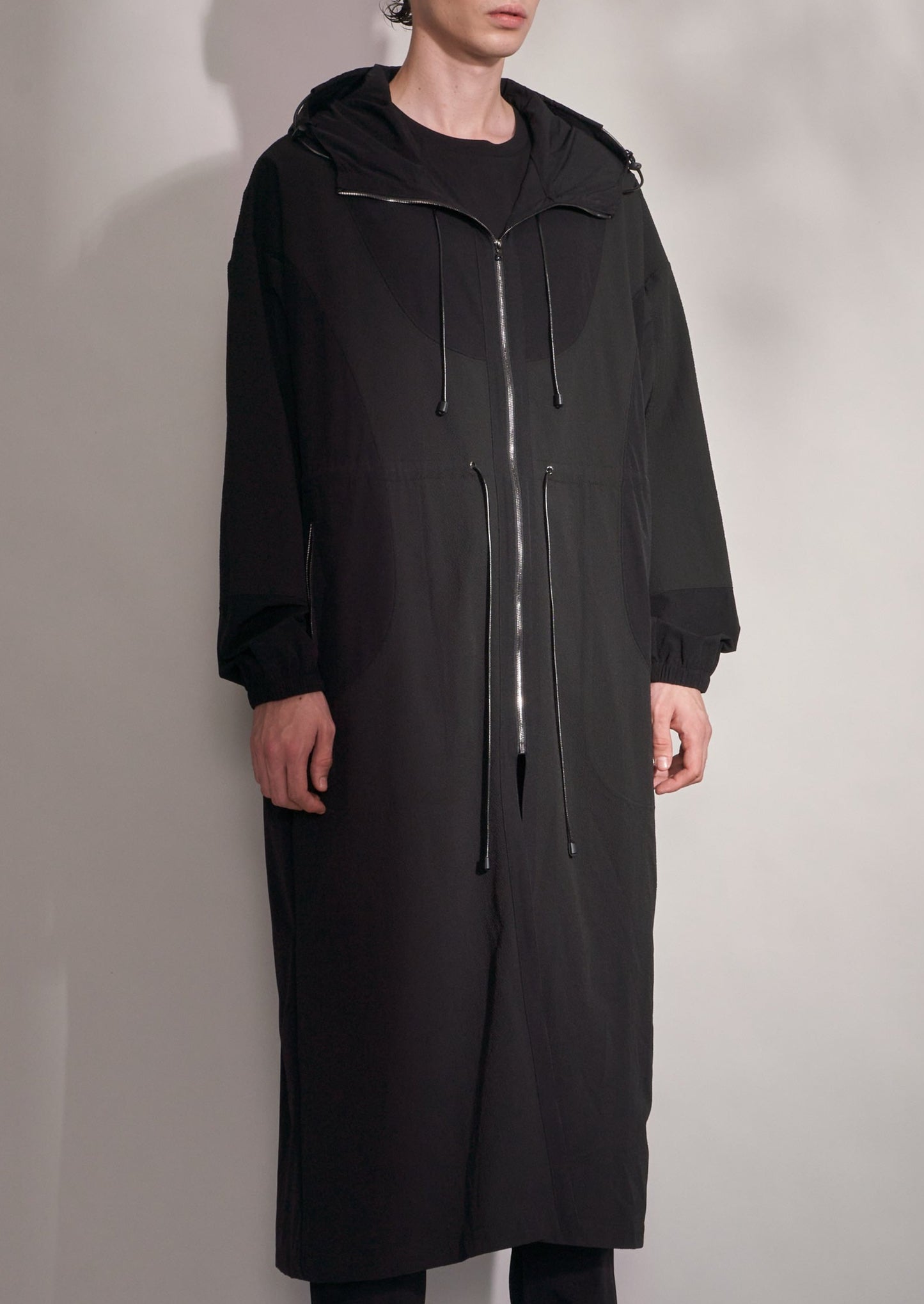 Fabric Blocking Long Coat With Hood