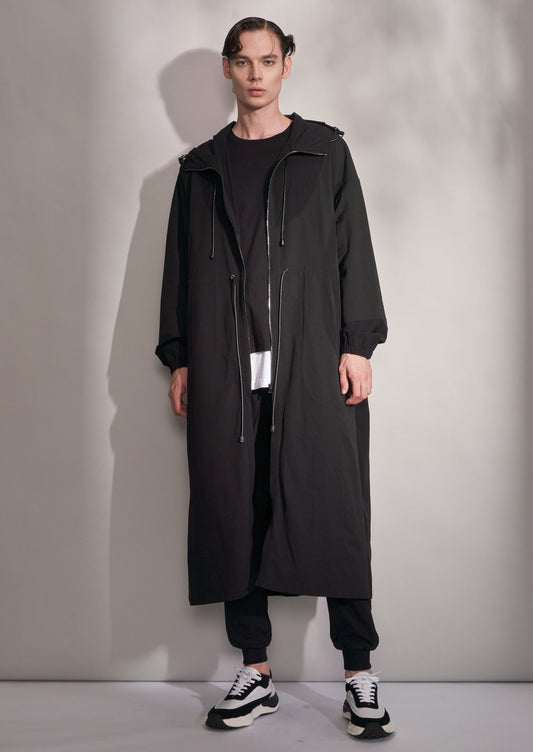 フード付きファブリックブロッキングロングコート