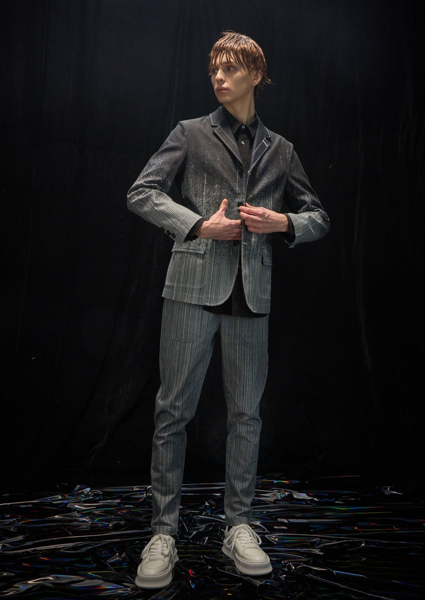 Harrison Wong Striped Denim With Gradation Rain Print