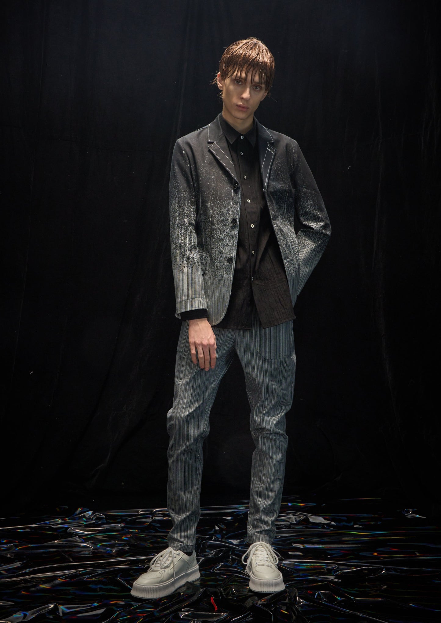 Harrison Wong Striped Denim With Gradation Rain Print