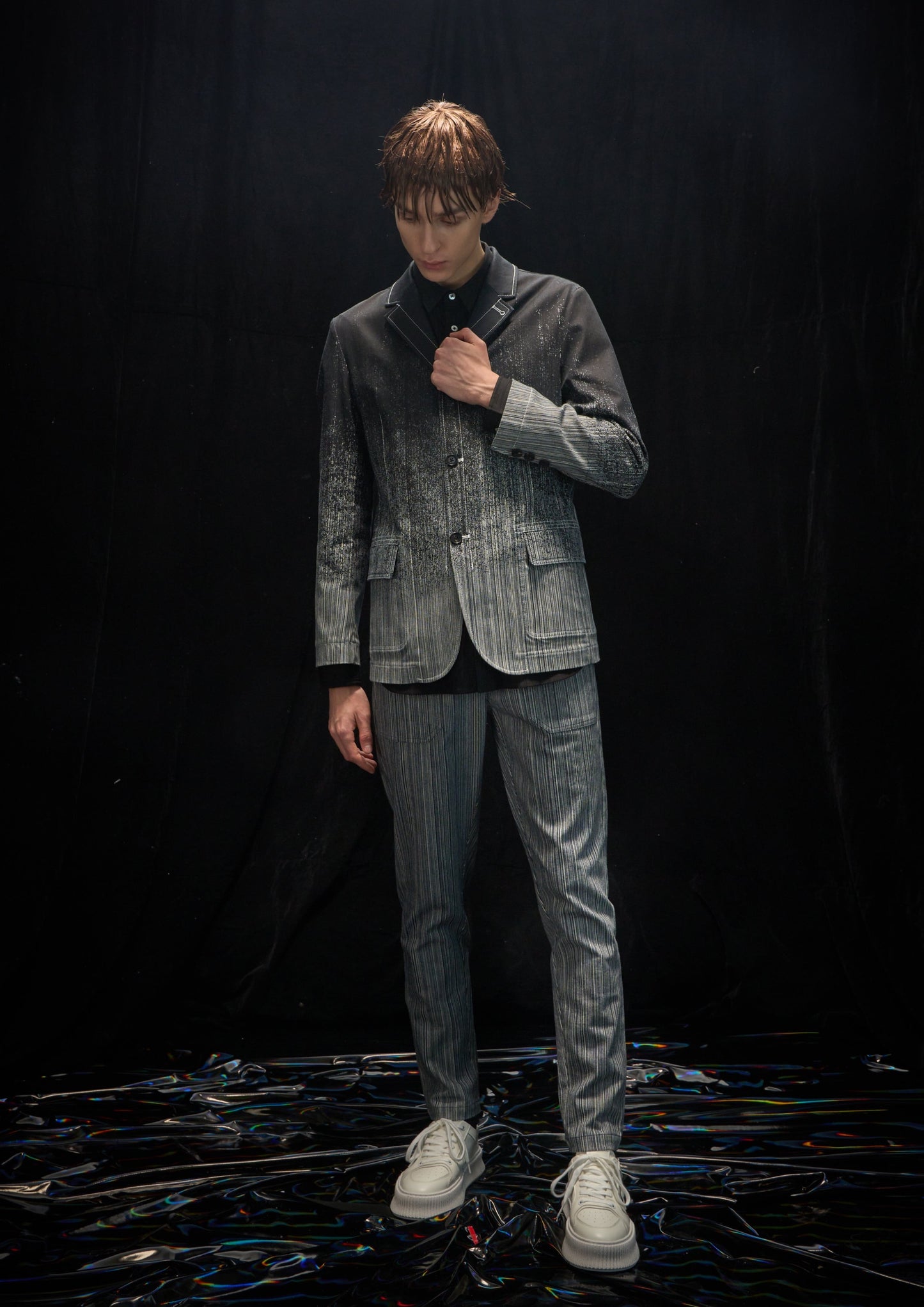 Harrison Wong Striped Denim With Gradation Rain Print
