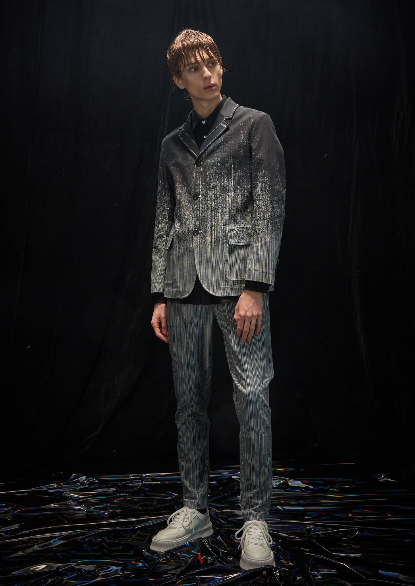 Harrison Wong Striped Denim With Gradation Rain Print