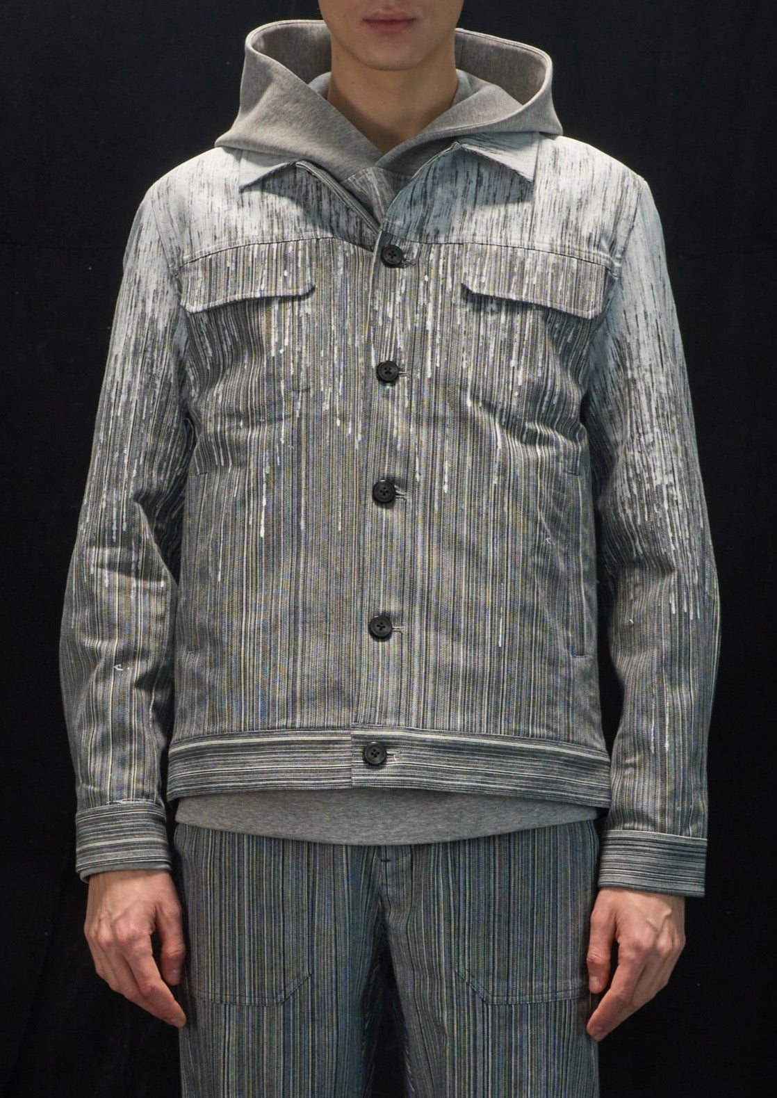 Harrison Wong Striped Denim Jacket With Rain Print
