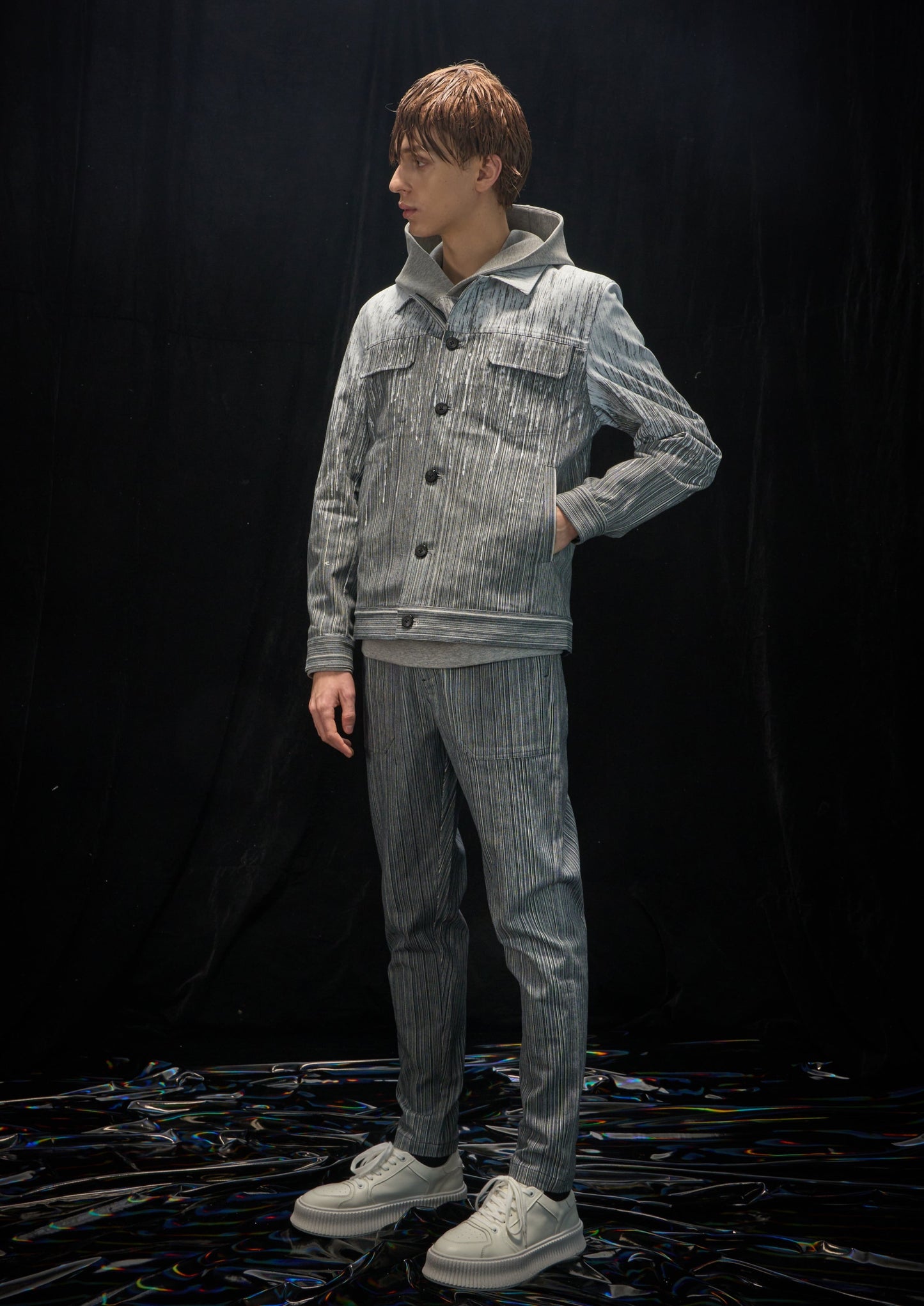 Harrison Wong Striped Denim Jacket With Rain Print