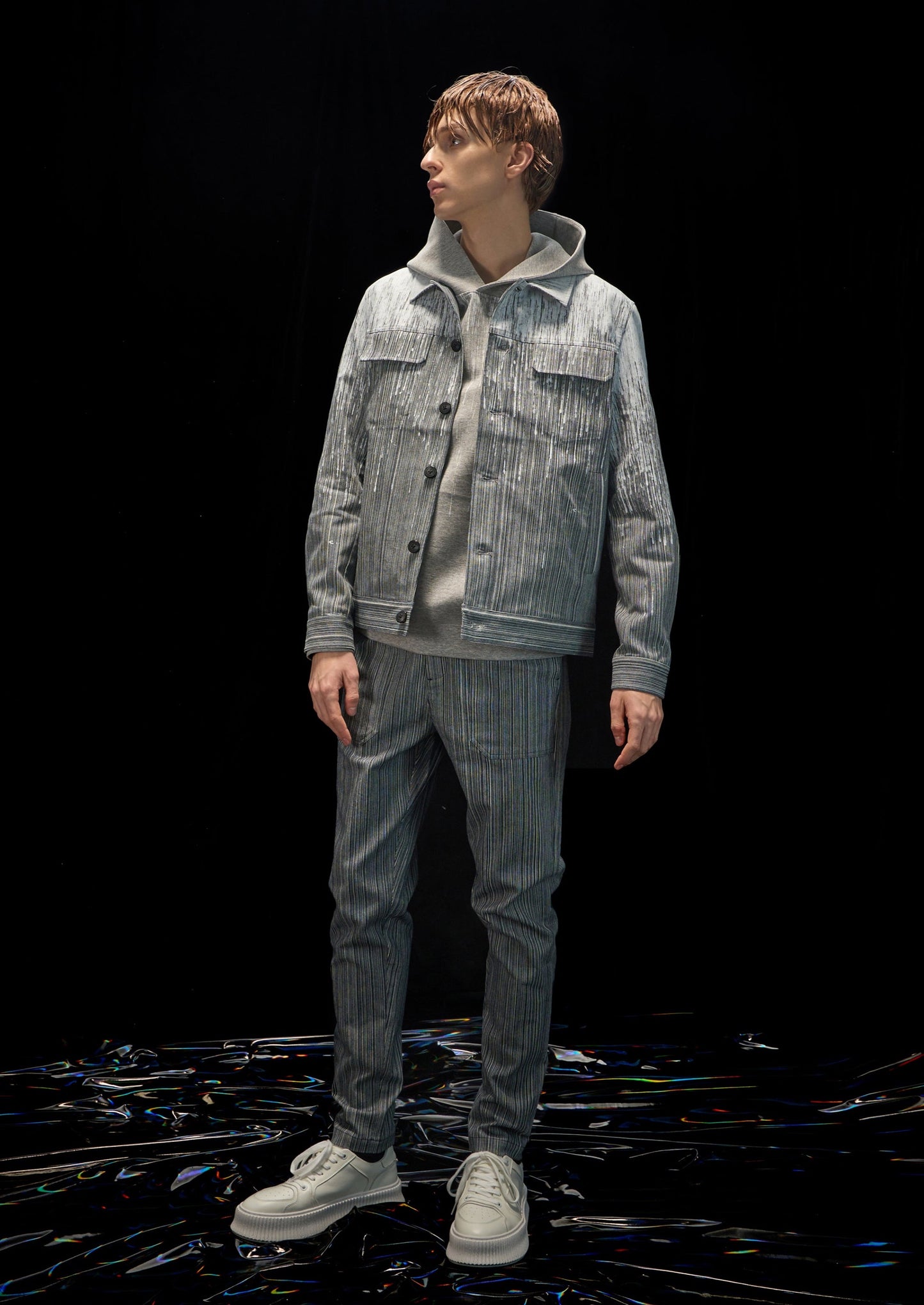 Harrison Wong Striped Denim Jacket With Rain Print