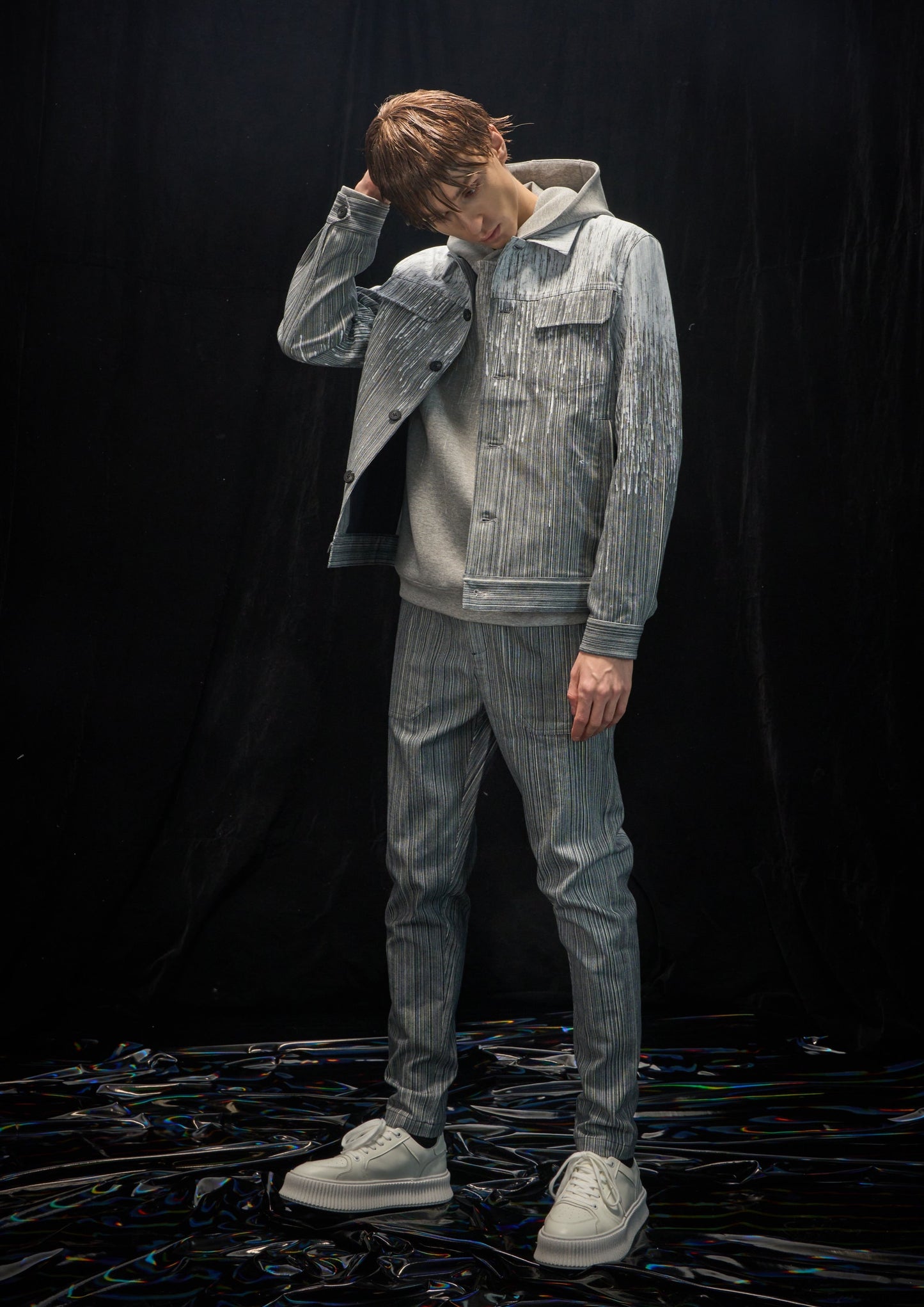 Harrison Wong Striped Denim Jacket With Rain Print