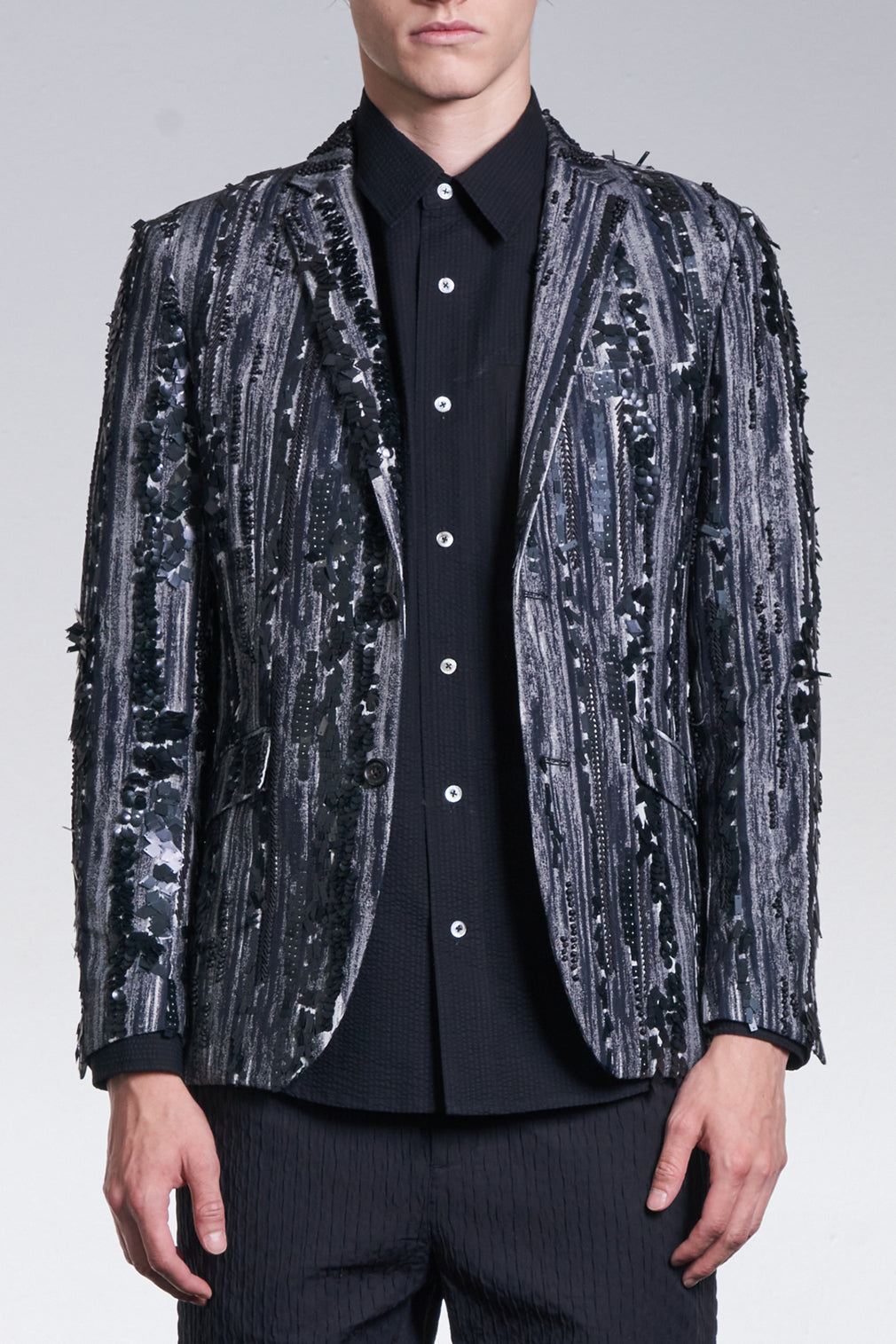 Shadow Stripe Pattern Jacquard Blazer With Beading