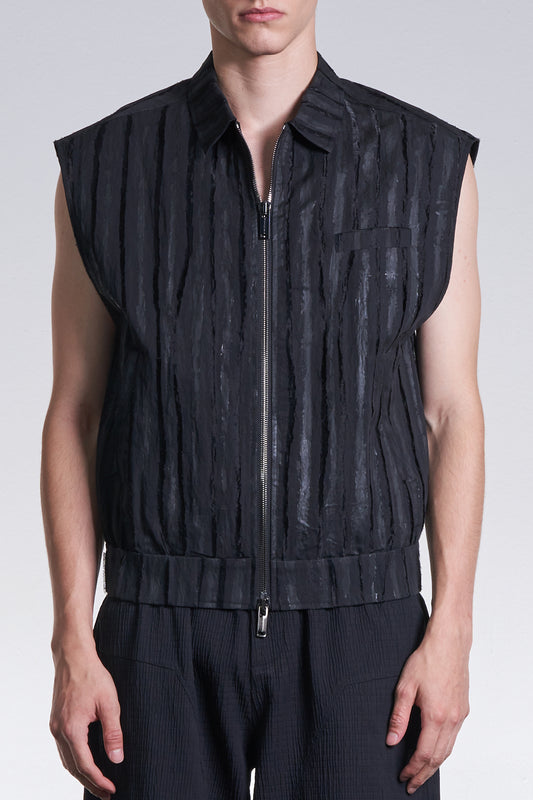 Sleeveless Jacket With Burnt Out And Hand Print Stripe