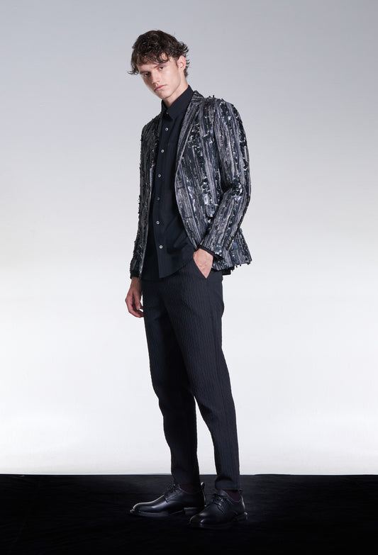 Shadow Stripe Pattern Jacquard Blazer With Beading