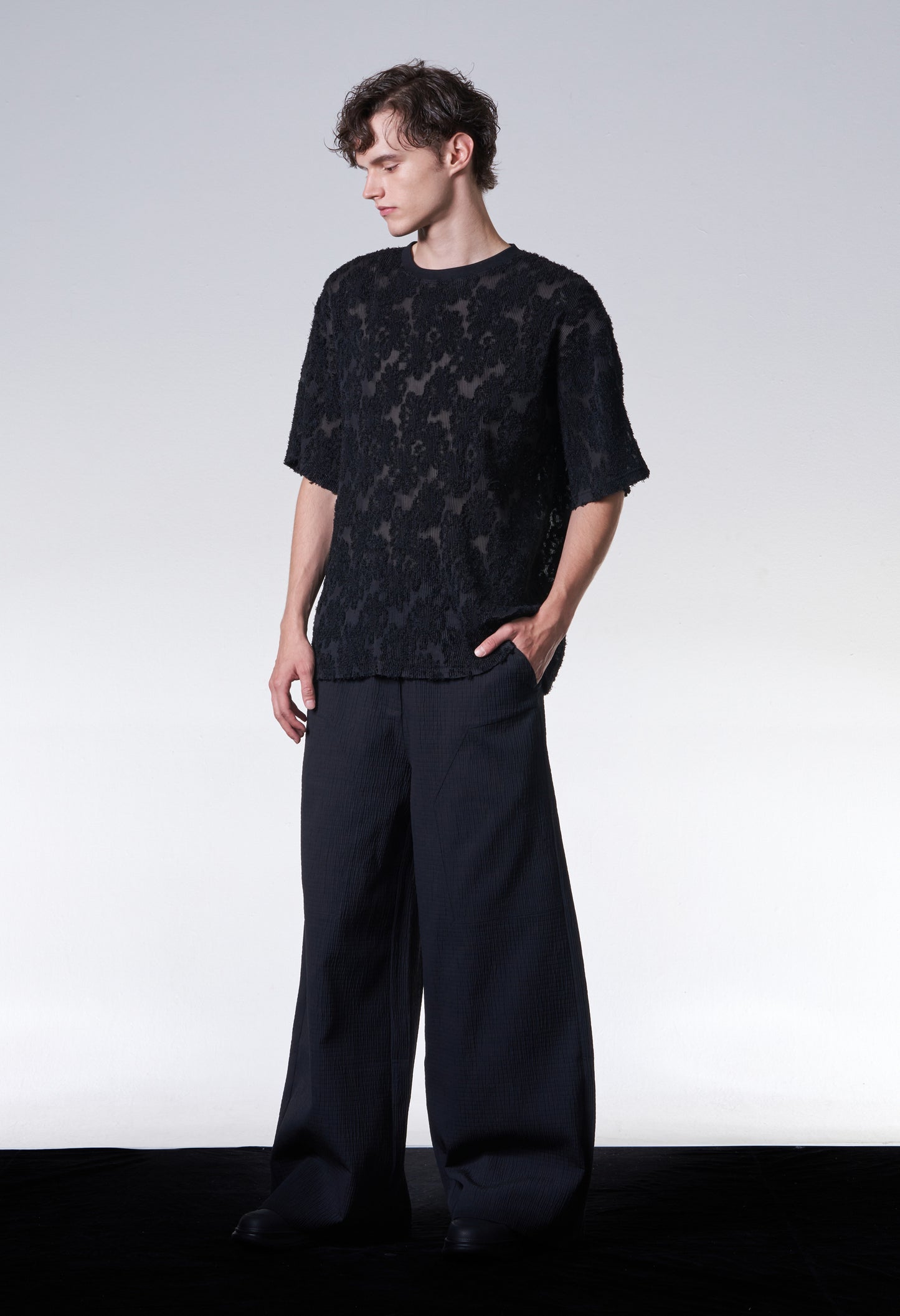 Burnt Out Flower Pattern Pleated Tee