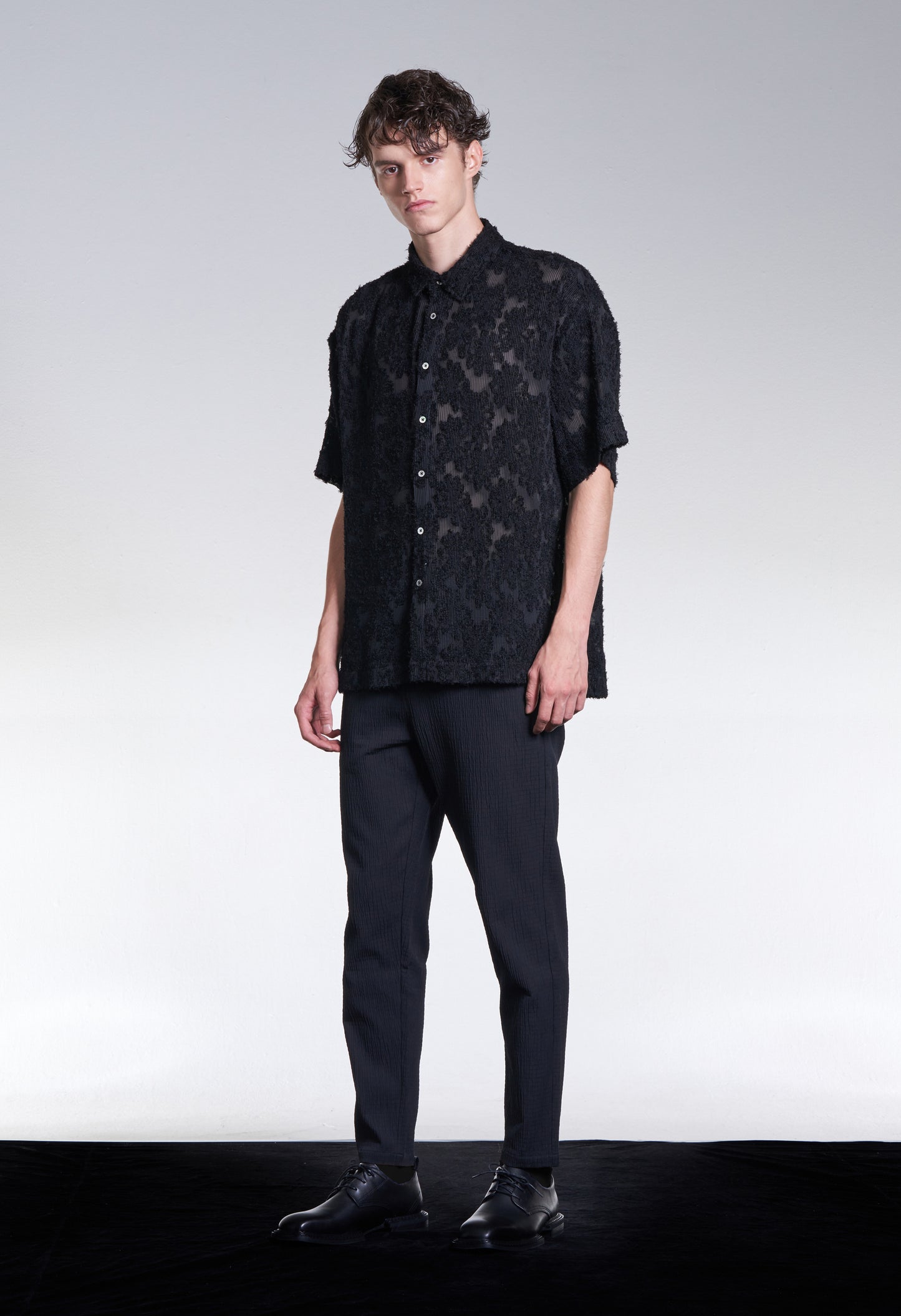 Burnt Out Flower Pattern Pleated Shirt