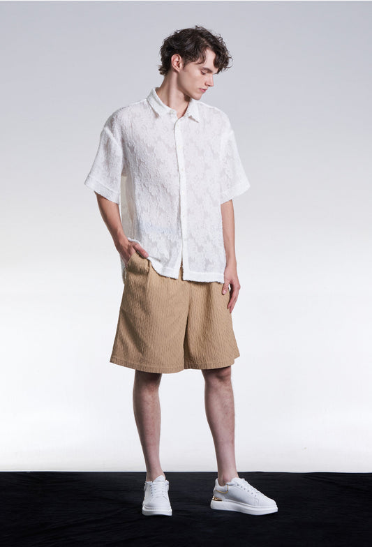 Burnt Out Flower Pattern Pleated Shirt