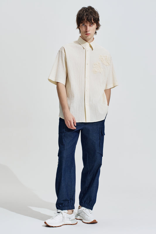 Oversize Textured Cotton Shirt With Flowers Embroidery