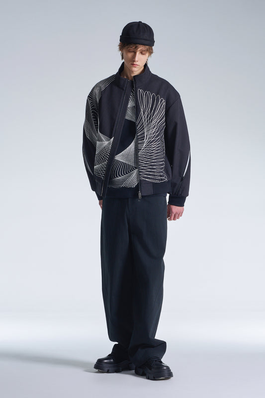 Stand Collar Jackert With Twisted Wavy Lines Embroidery