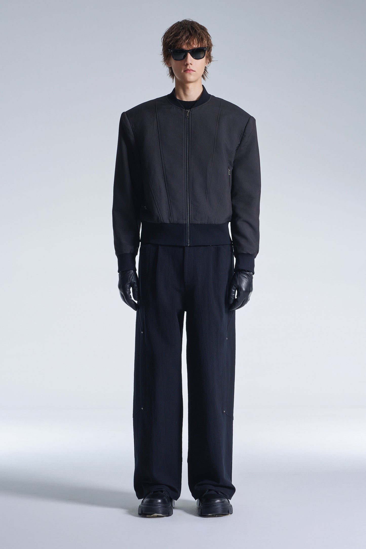 Stripe Texture Zipper Jacket With Power Shoulder