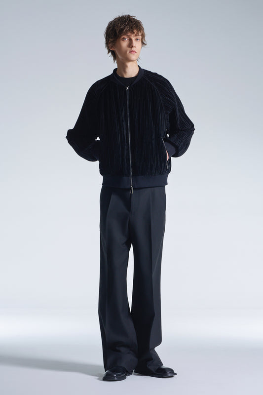 Pleated Knit Velvet Zipper Jacket