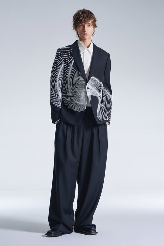 Wool Blazer With Wavy Dots Lines Embroidery