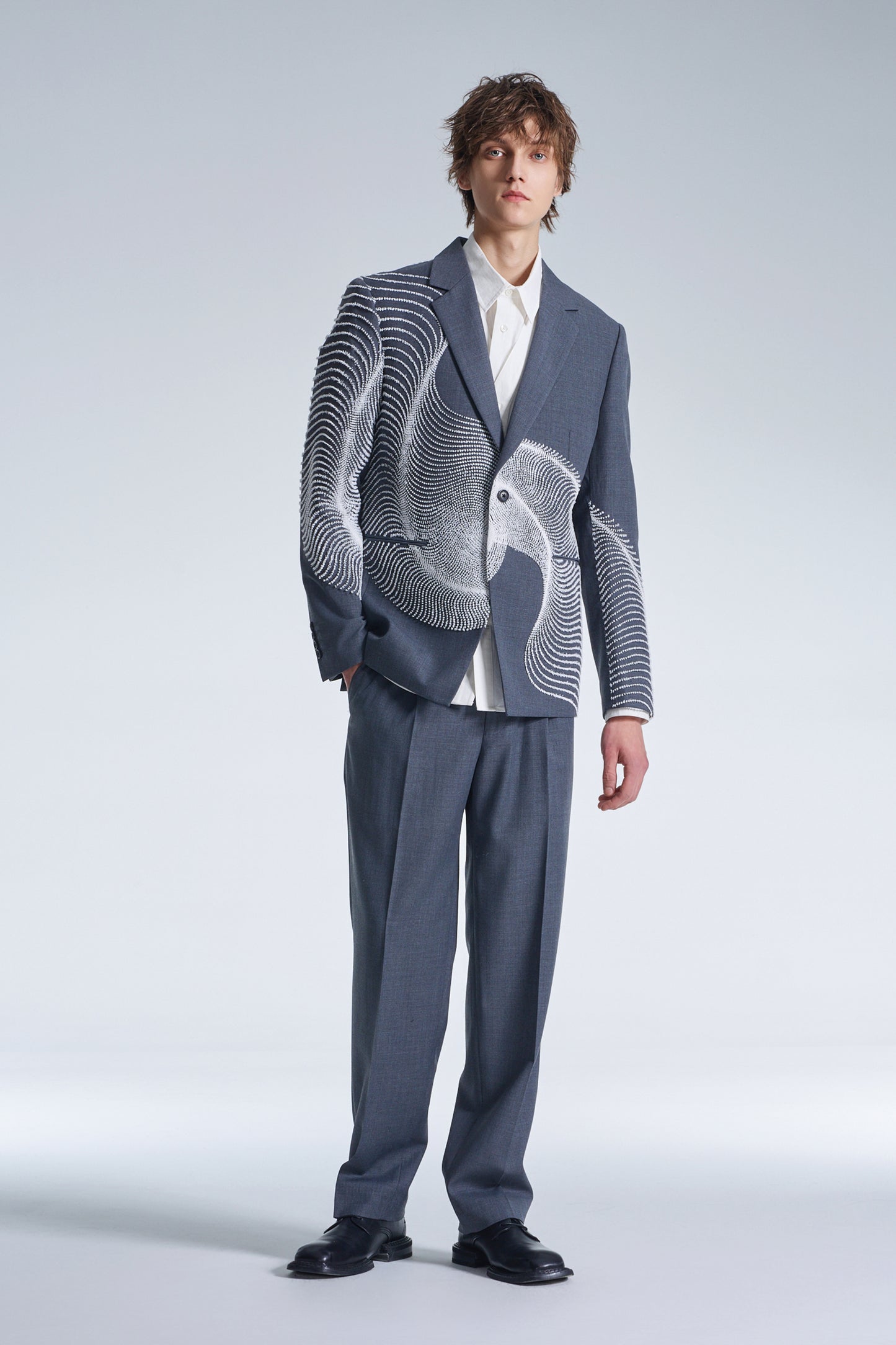 Wool Blazer With Wavy Dots Lines Embroidery