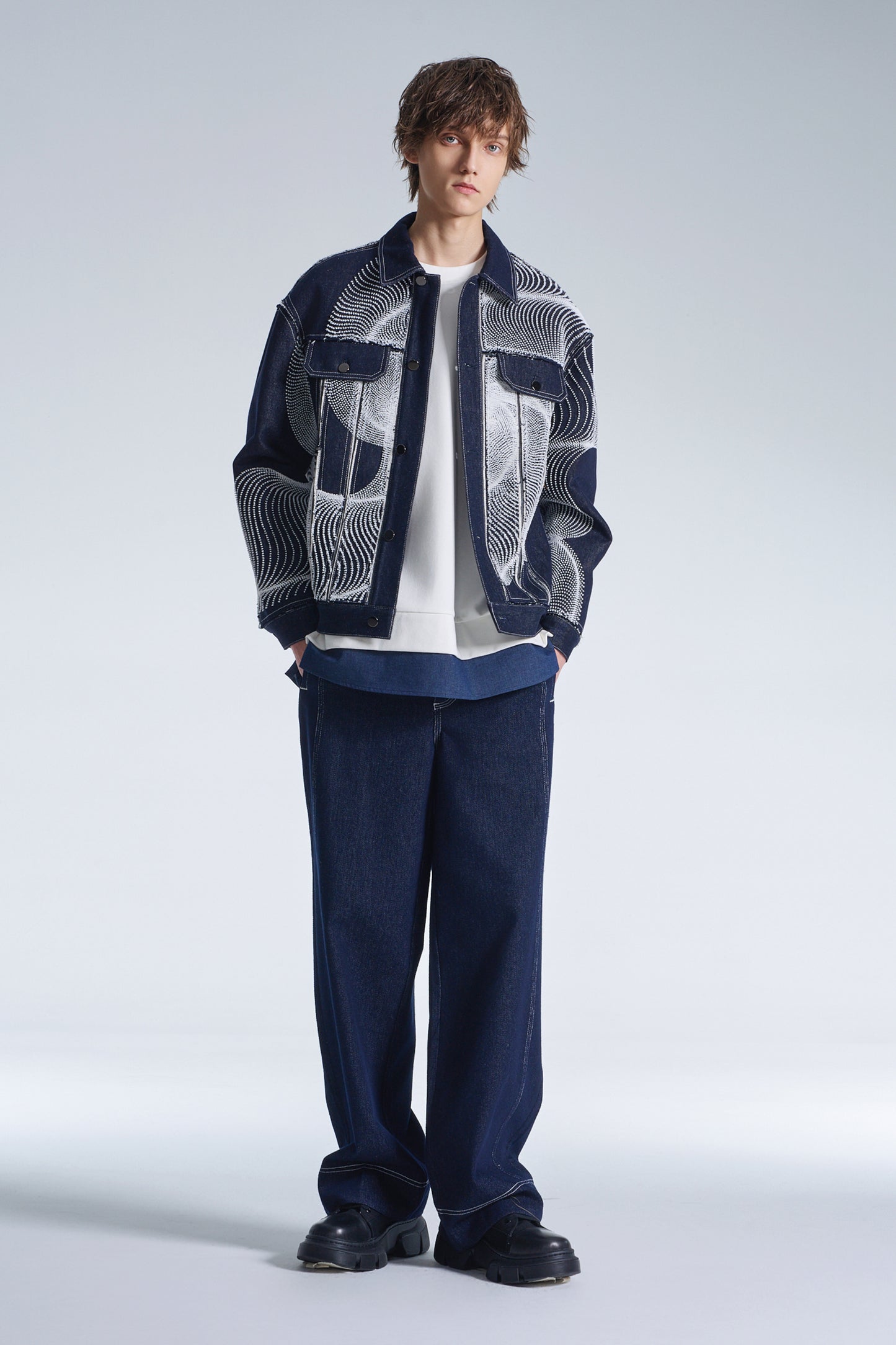 Raw Edge Denim Jacket With Dots Embroidery