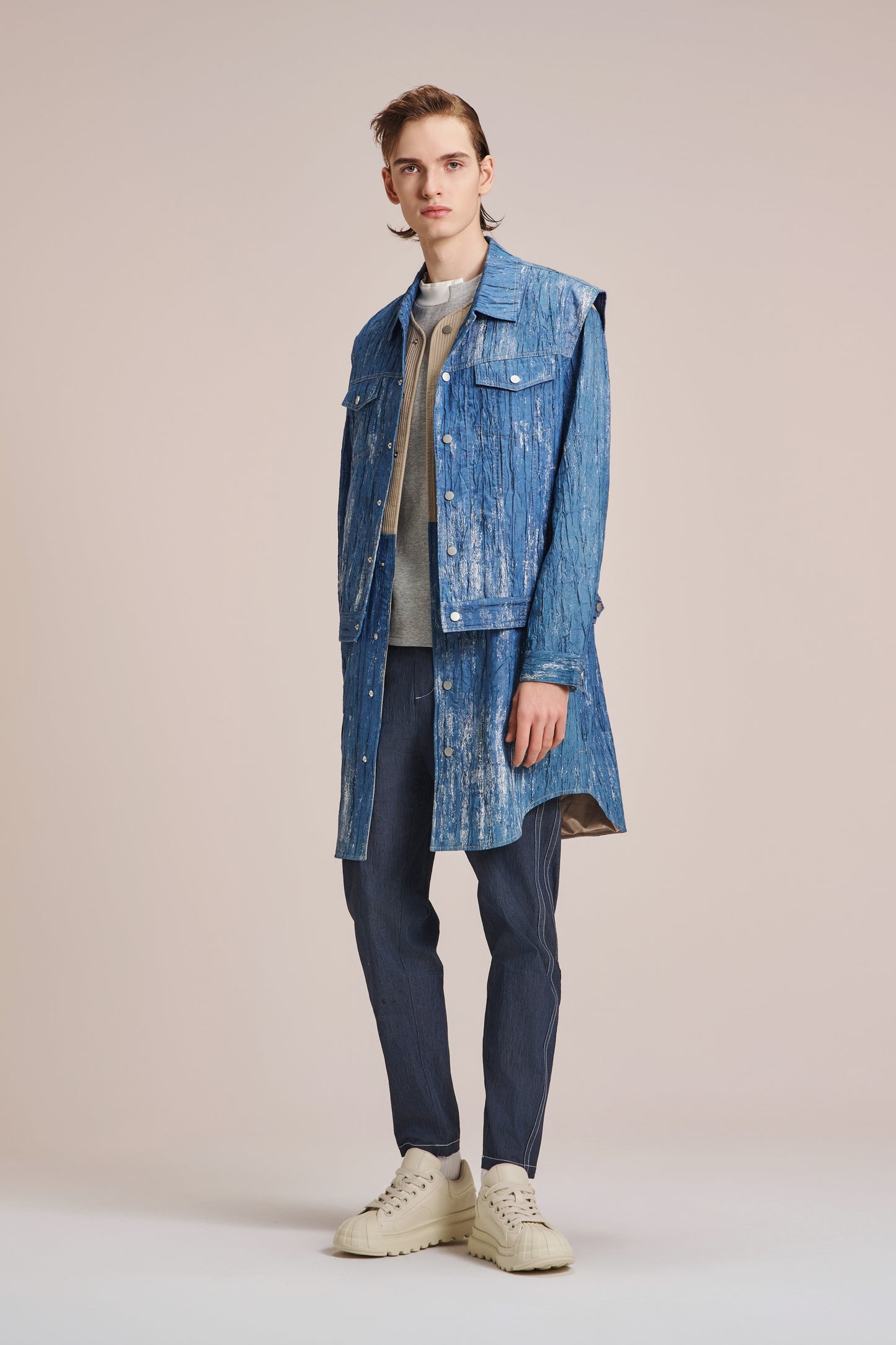 2in1 Crepe Denim Coat With Brush Print