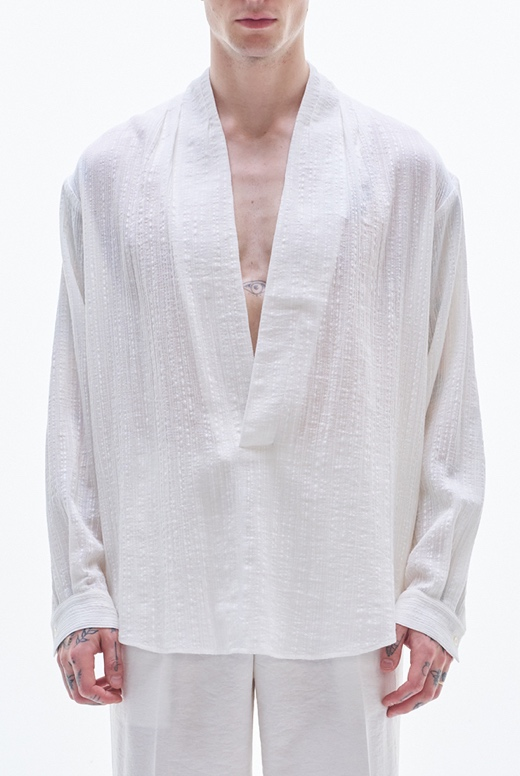 Deep V Neck Texture Cotton Shirt