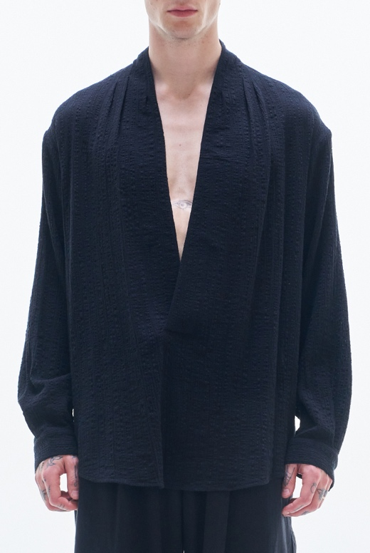 Deep V Neck Texture Cotton Shirt