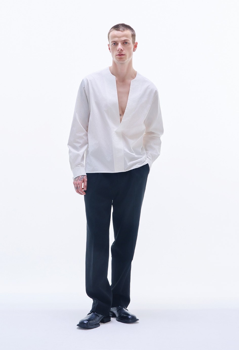 Deep V Neck Texture Cotton Shirt