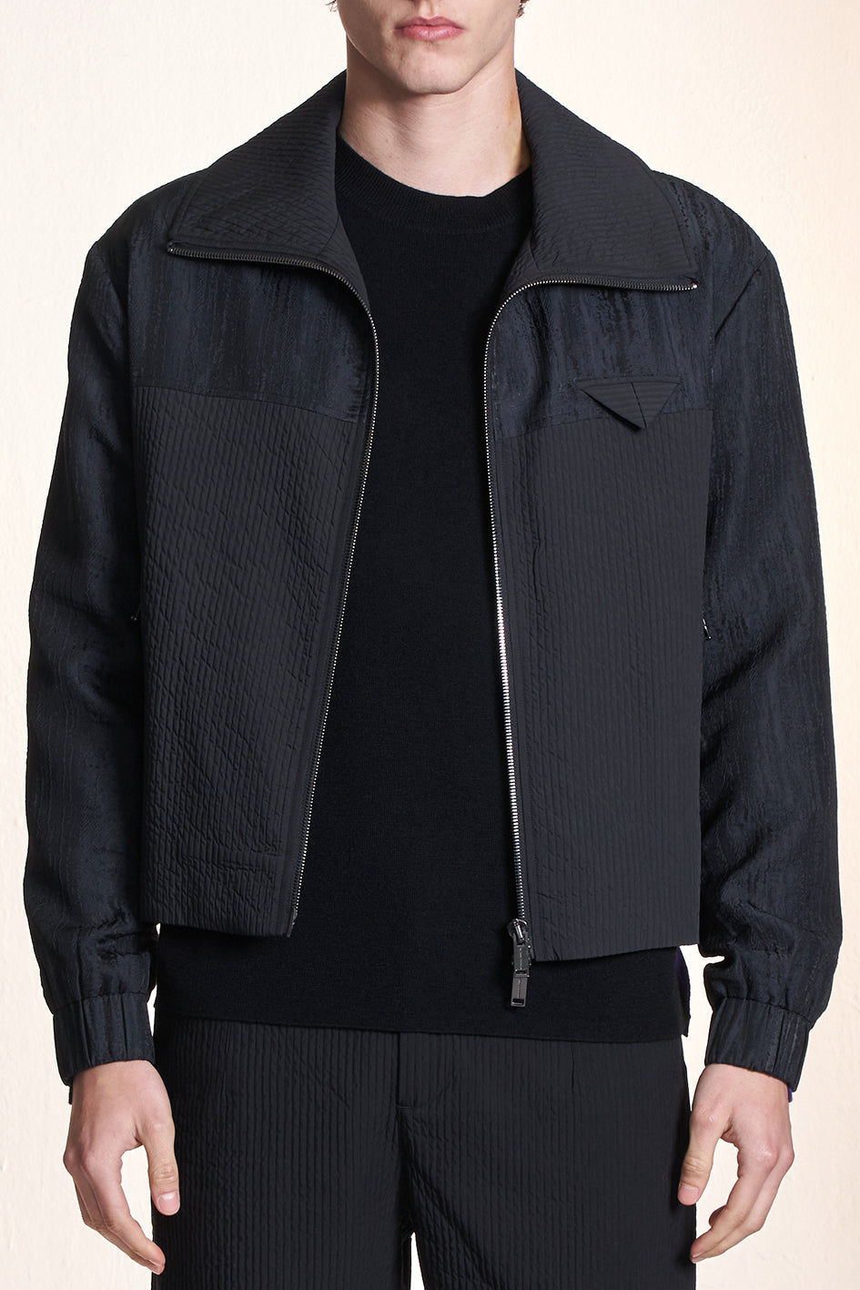 Textured Zipper Jacket With Stand Collar