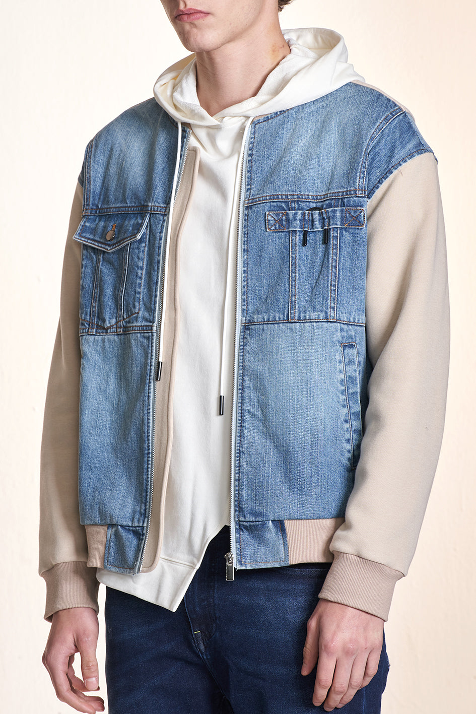 Denim Jacket Contrast With Knit Sleeve